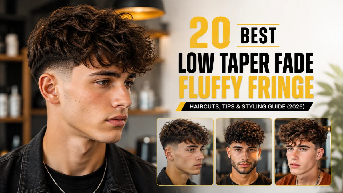 Man with a low taper fade and fluffy curly fringe hairstyle, with three smaller inset photos showing variations of the haircut