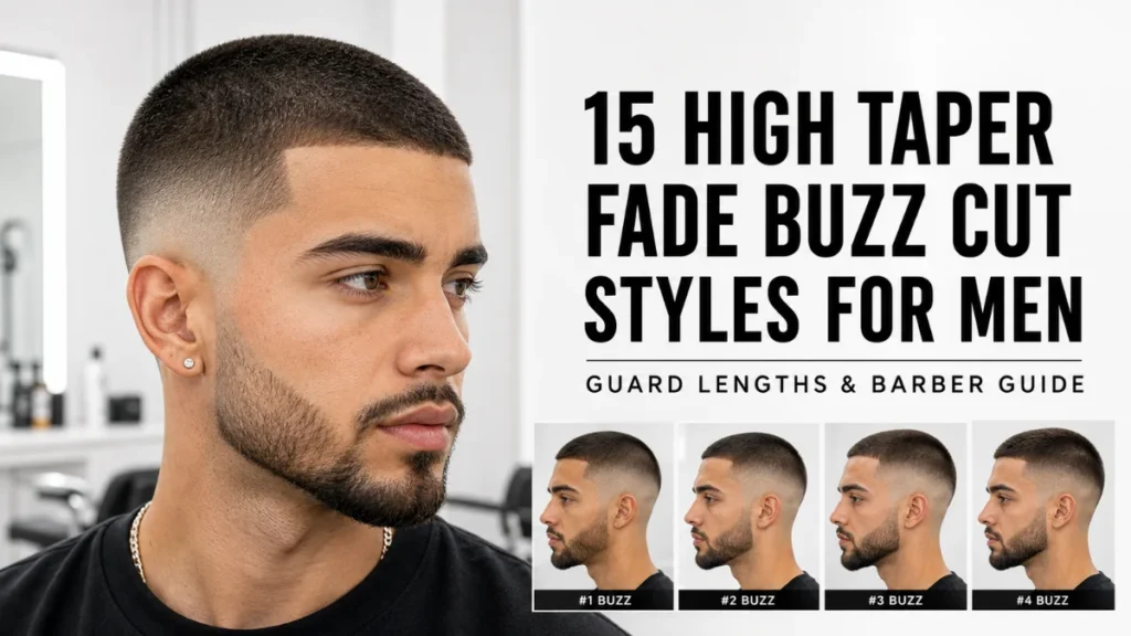 Side profile of a man showcasing a high taper fade buzz cut with a sharp lineup and groomed beard.