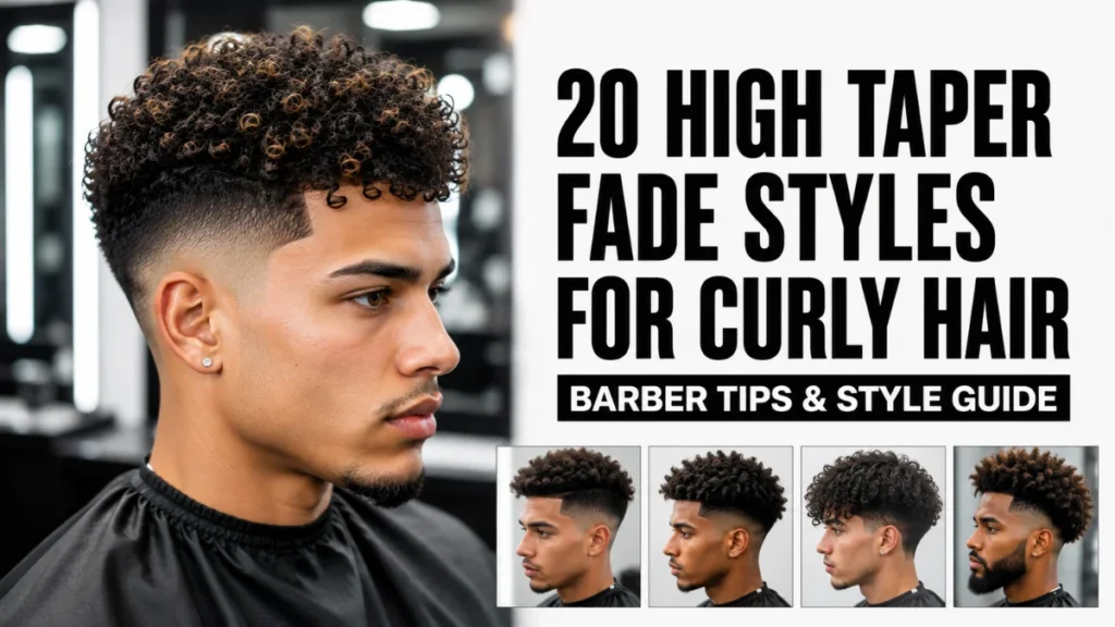 Side profile of a young man with a high taper fade haircut featuring highlighted tight curls and clean line-up