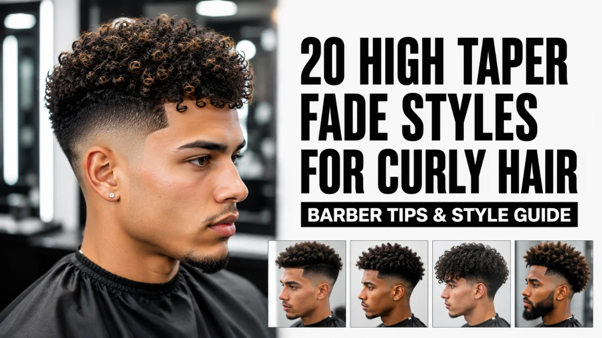 Side profile of a young man with a high taper fade haircut featuring highlighted tight curls and clean line-up