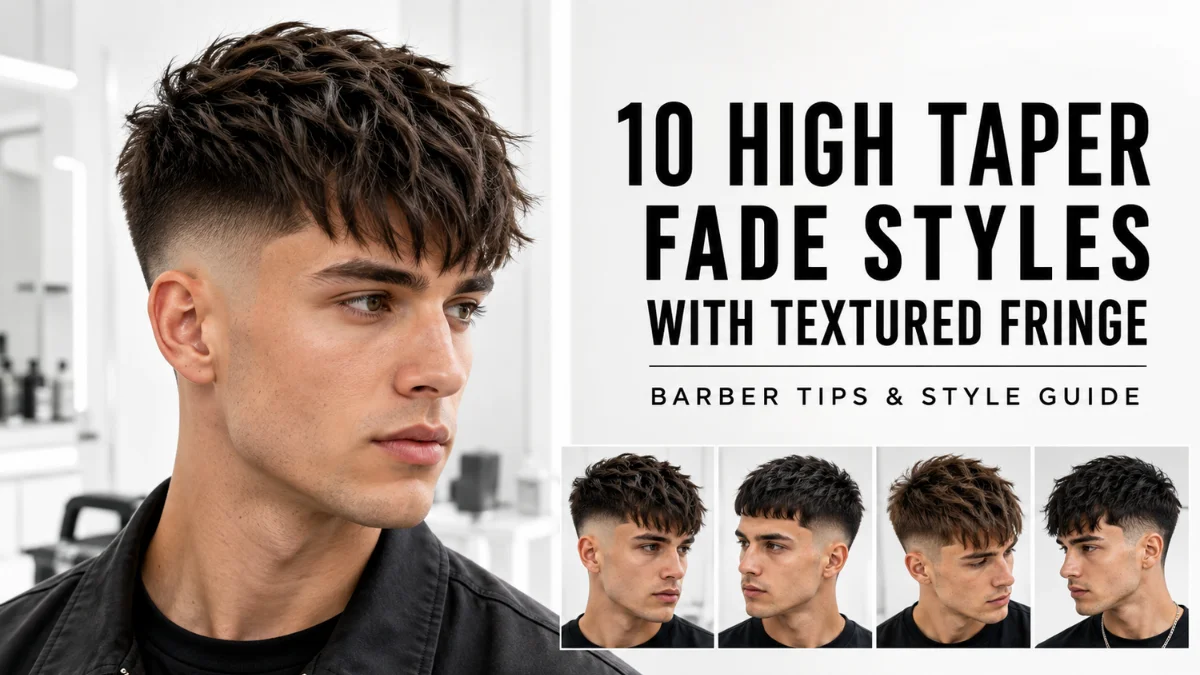Side profile of a young man featuring a high taper fade haircut with a layered, textured fringe
