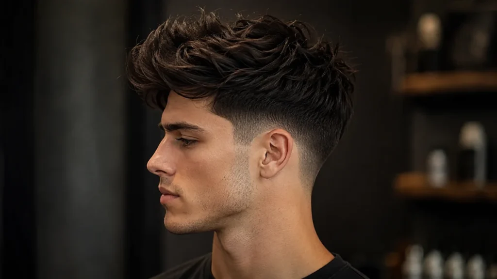 Low taper fade haircut with textured wavy top on man in profile at barber shop