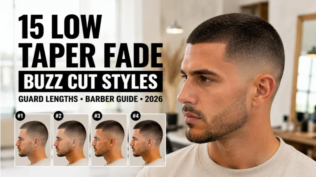 Man with a low taper fade buzz cut, with four inset photos showing different guard length variations