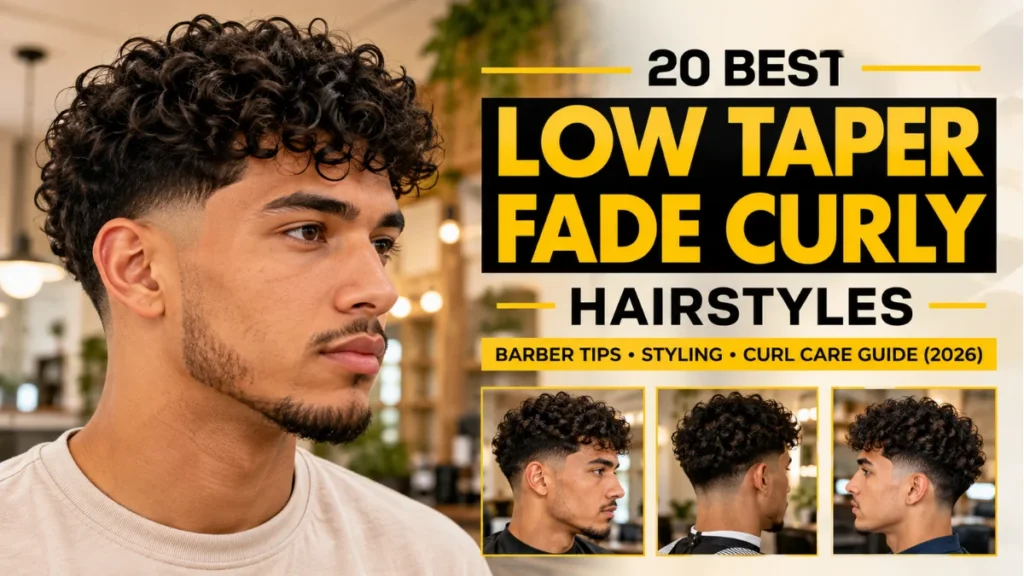 Man with curly hair and a low taper fade, with three inset photos showing the haircut from different angles