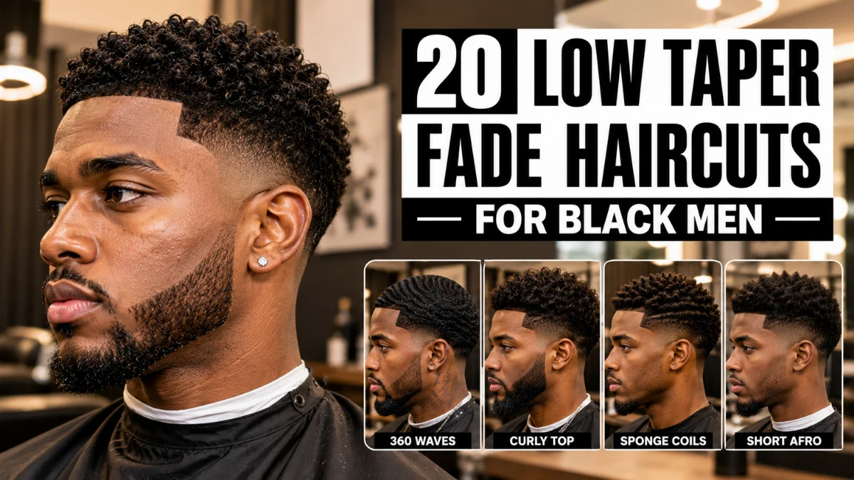 Low taper fade haircut for Black men with curly top, plus four textured style variations