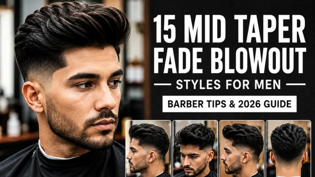 Man showcasing a voluminous mid taper fade blowout haircut with light facial hair and a sharp hairline.