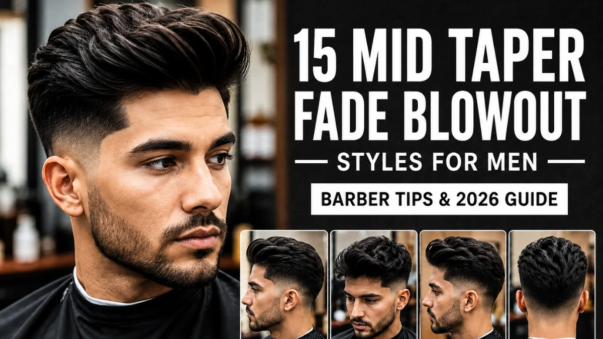 Man showcasing a voluminous mid taper fade blowout haircut with light facial hair and a sharp hairline.