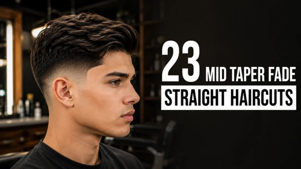 Side profile of a young man with a textured mid taper fade haircut for straight hair