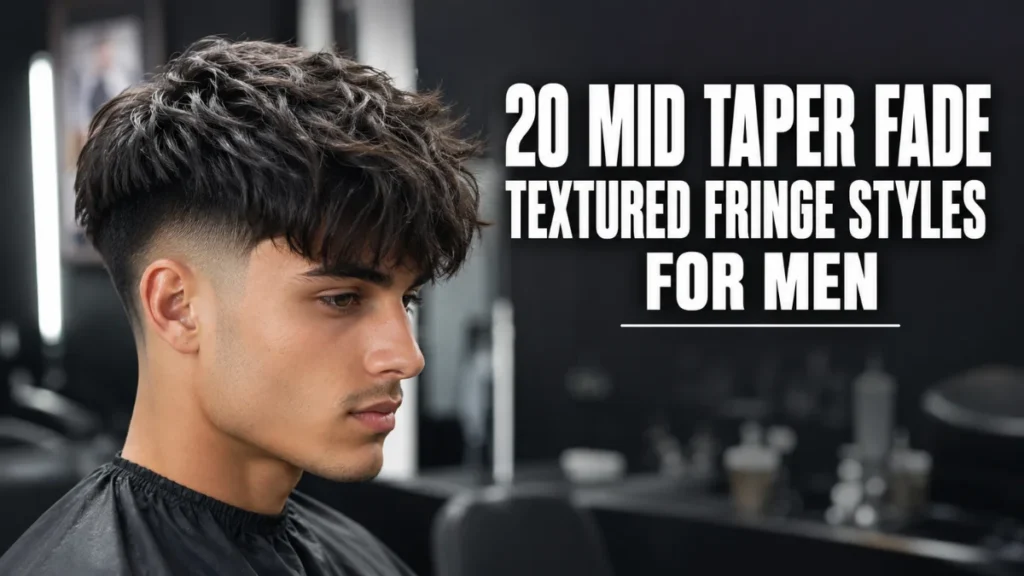 Side profile of a young man with a mid taper fade haircut featuring a messy, textured crop fringe.