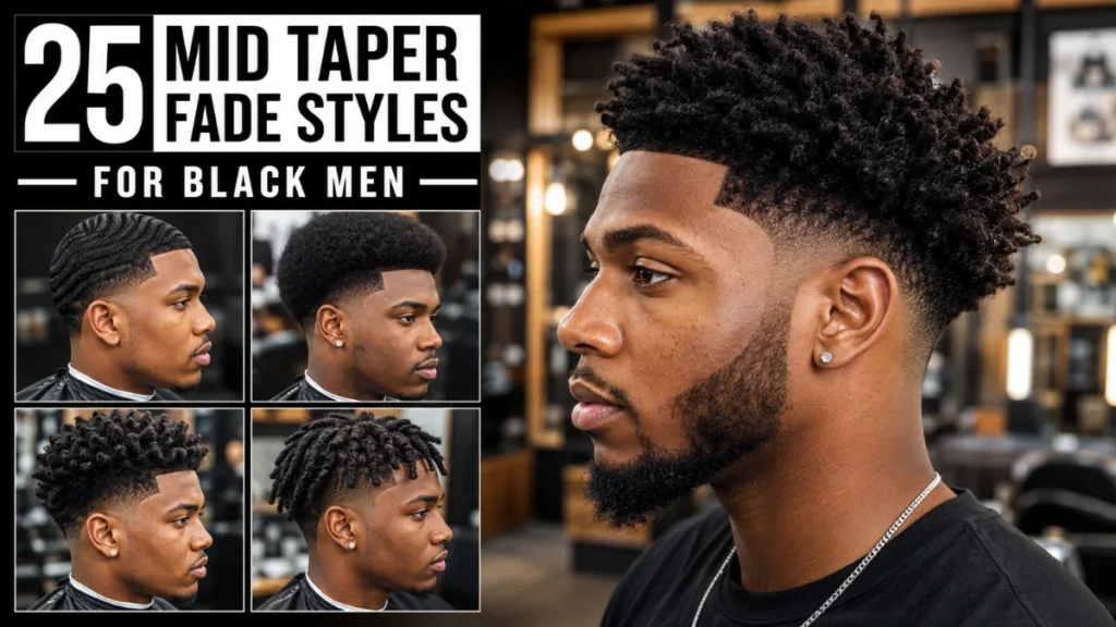 25 mid taper fade hairstyles for Black men, featuring waves, afro, twist, and dreadlock styles with sharp fades
