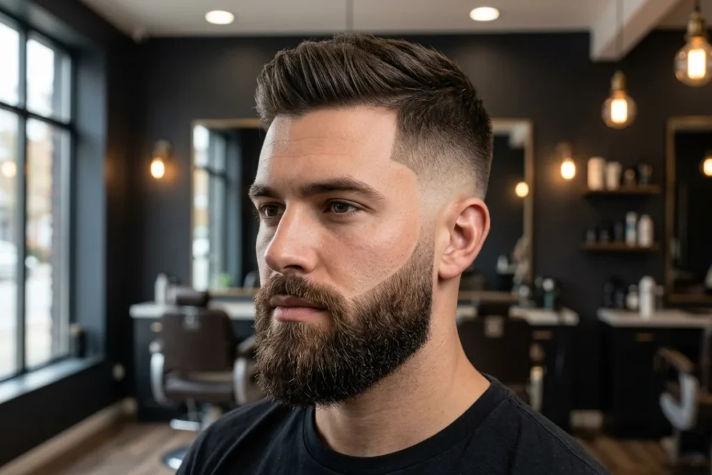 Three-quarter portrait of a man with a clean high taper fade haircut and a sharply groomed full beard inside a modern barbershop