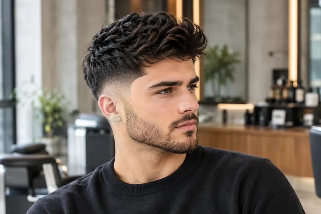 Young man with a low-to-mid taper fade and thick textured hair in a modern premium barbershop