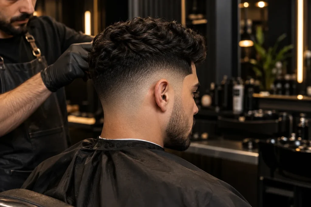 Young man with a clean mid taper fade haircut and textured hair in a luxury barbershop