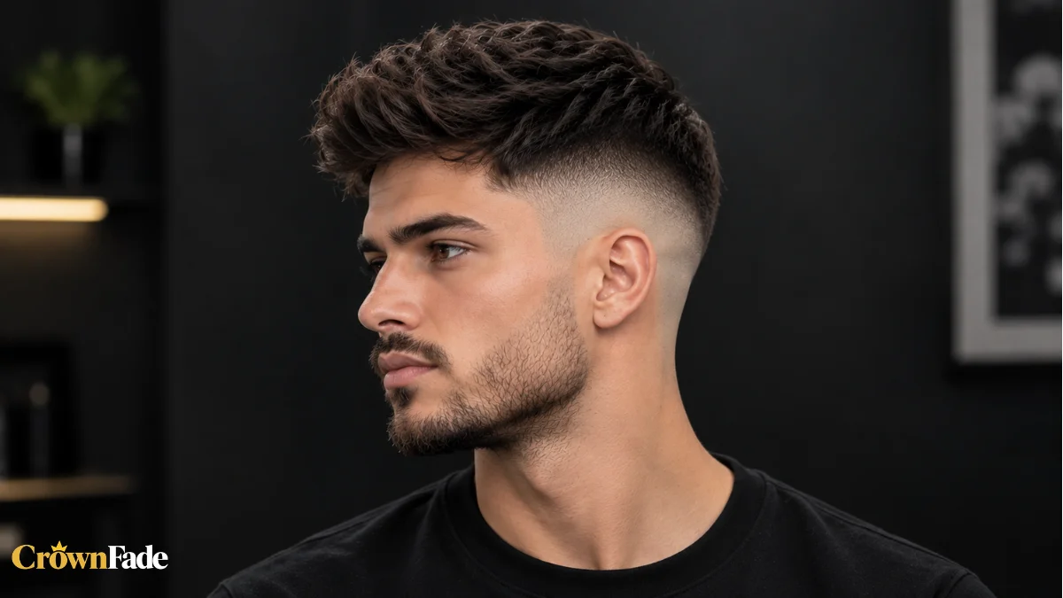 Side profile of a man with a high fade haircut, textured swept-up top, and short trimmed beard