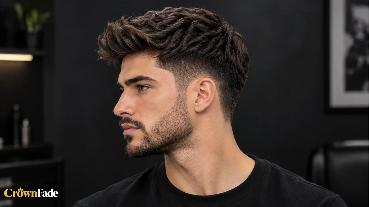 Side profile of a man with a high taper haircut, textured swept-up top, and short trimmed beard