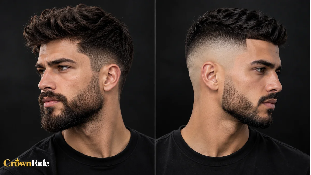 Side-by-side of two men with full beards, one with a high taper haircut and one with a high fade, in opposite profiles