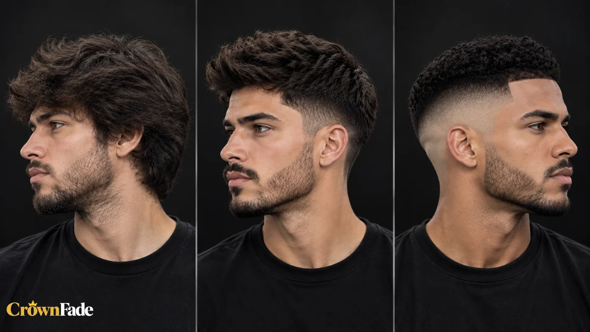 Before and after haircut comparison: overgrown shaggy hair, then a high taper, then a high fade, shown in side profile