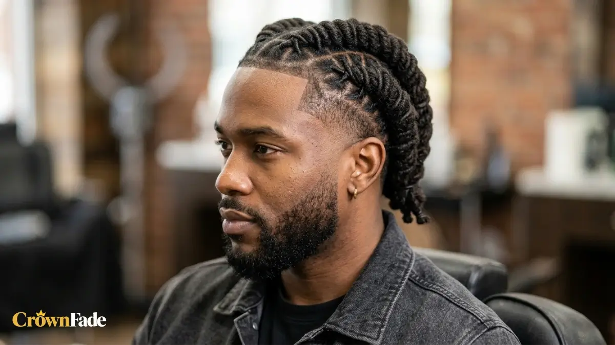 Side profile of a bearded man with barrel twist dreads and a mid taper fade in a barbershop