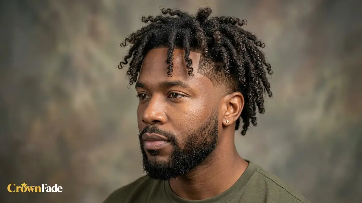 Three-quarter view of a bearded man with curly dreads and a mid taper fad