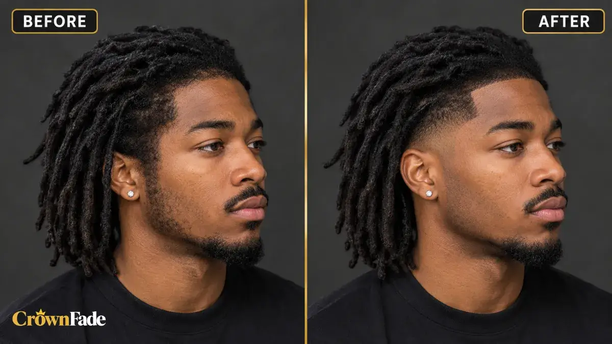 Before and after of dreads with no fade and then a mid taper fade, same man in profile