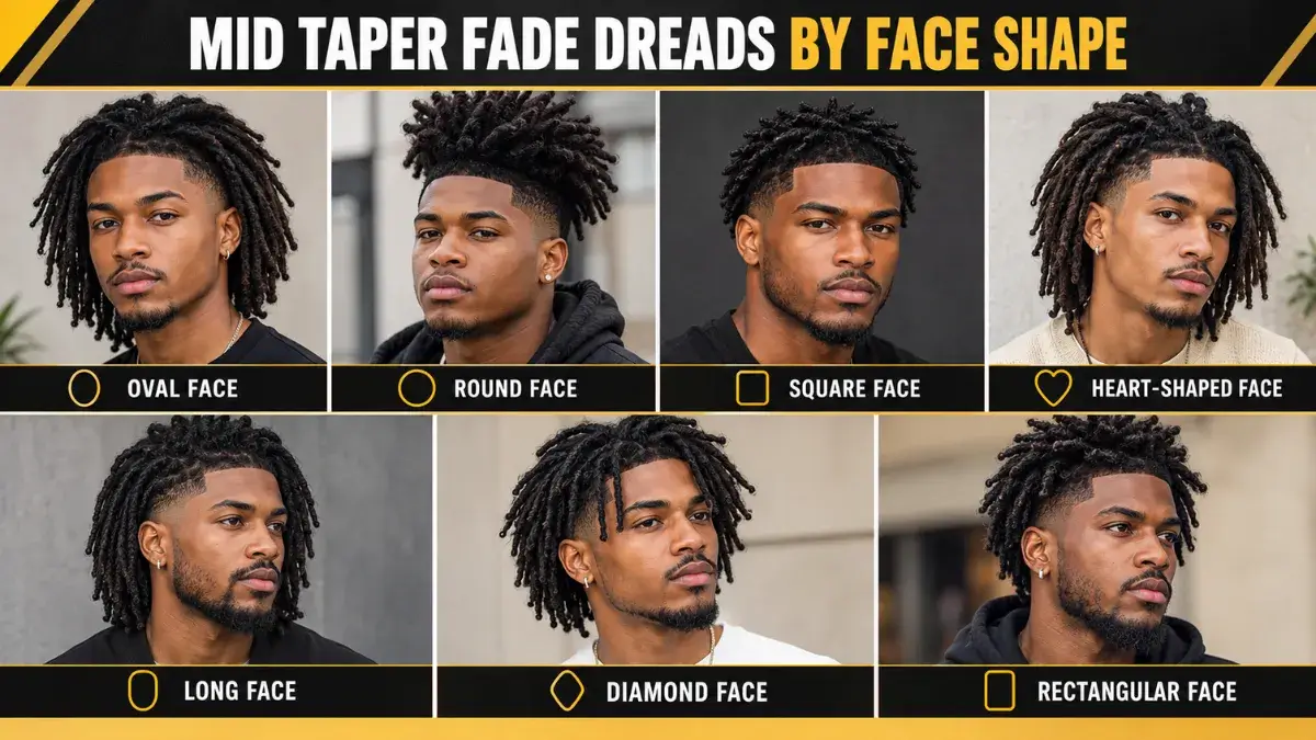 Seven men with mid taper fade dreads, labeled by face shape from oval to rectangular