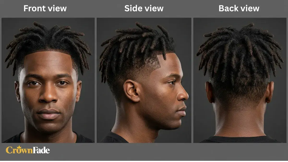 Mid taper fade dreads shown from the front, side and back on one man