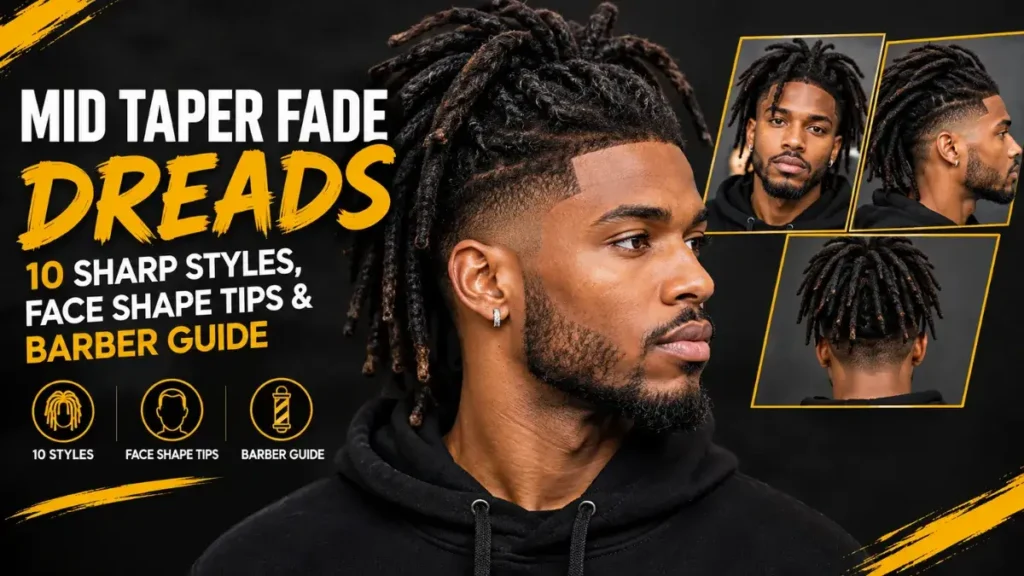 Man with mid taper fade dreads and beard, shown in profile with front and back views