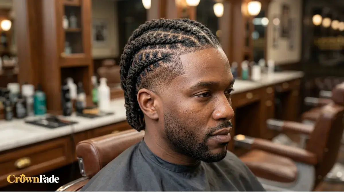 Side profile of a bearded man with a braided top and mid taper fade in a barbershop