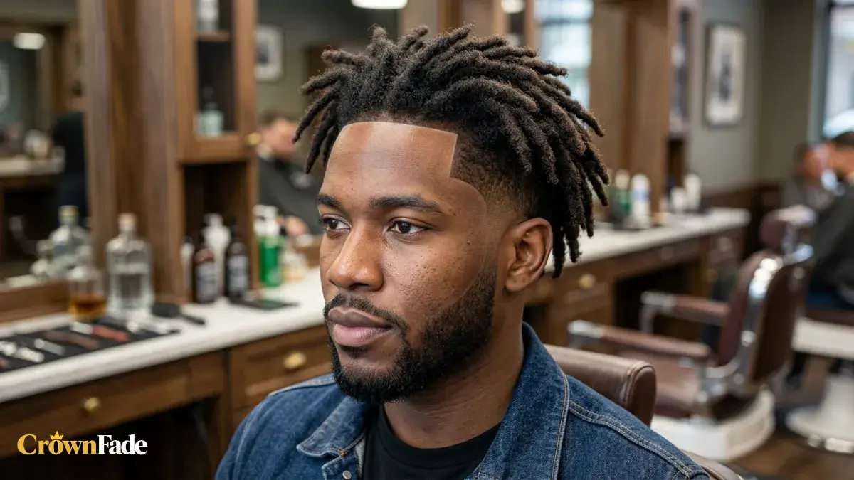 Three-quarter view of a bearded man with dreads, a sharp line-up and mid taper fade in a barbershop