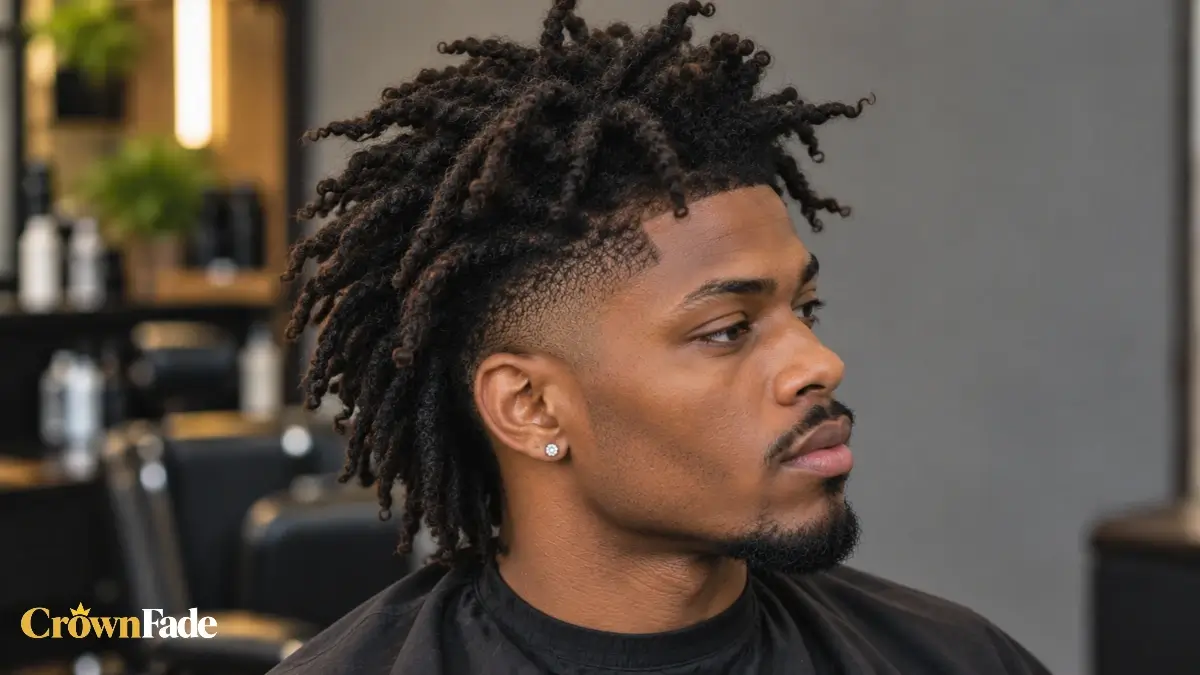 Side profile of a man with freeform dreads and a mid taper fade in a barbershop