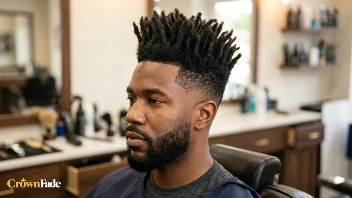 Side profile of a bearded man with high top dreads and a mid taper fade in a barbershop