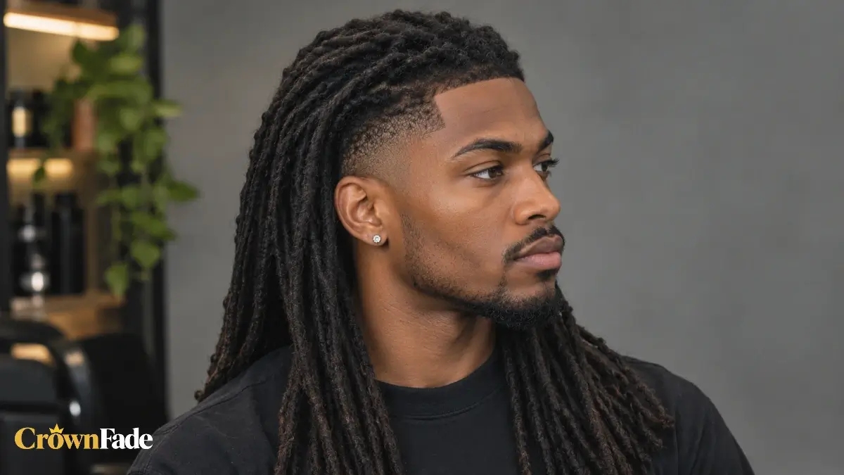 Side profile of a man with long dreads and a mid taper fade in a barbershop