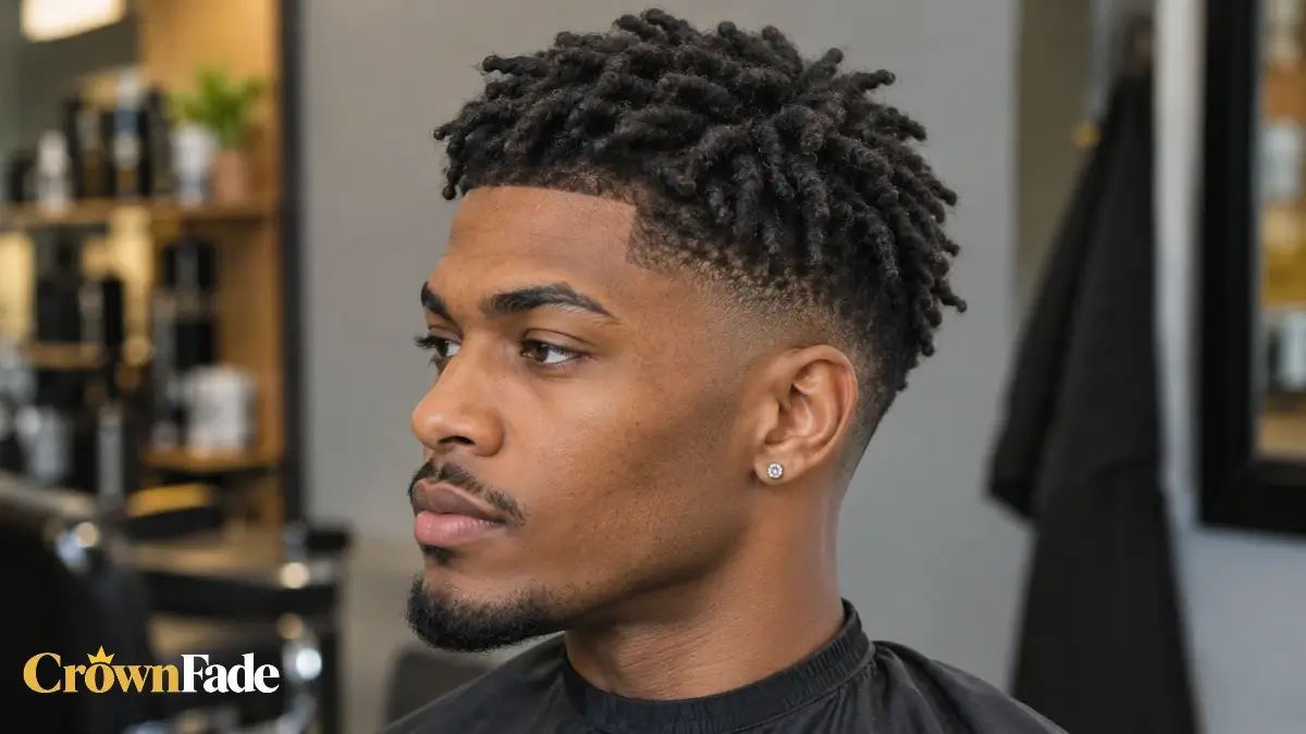 Side profile of a man with short dreads and a mid taper fade in a barbershop