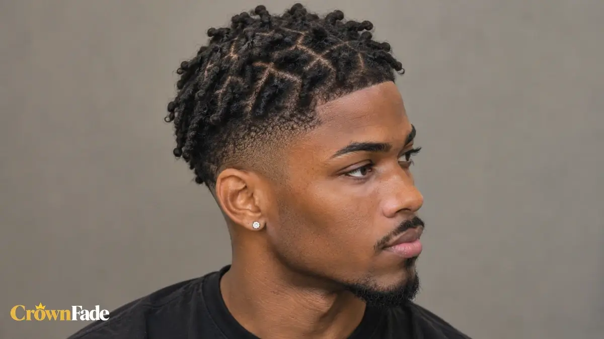Side profile of a man with starter locs and a mid taper fade against a gray background