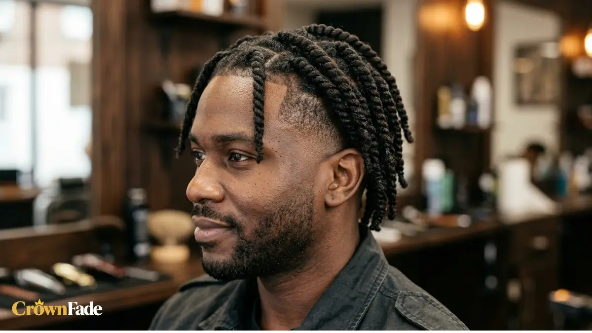 Side profile of a smiling man with two-strand twist dreads and a mid taper fade in a barbershop